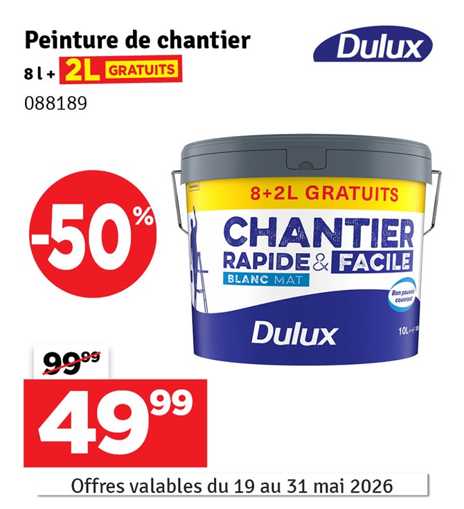 Peinture pour murs et plafonds Chantier Rapide & Facile blanc mat 8 L + 2 L GRATUIT DULUX